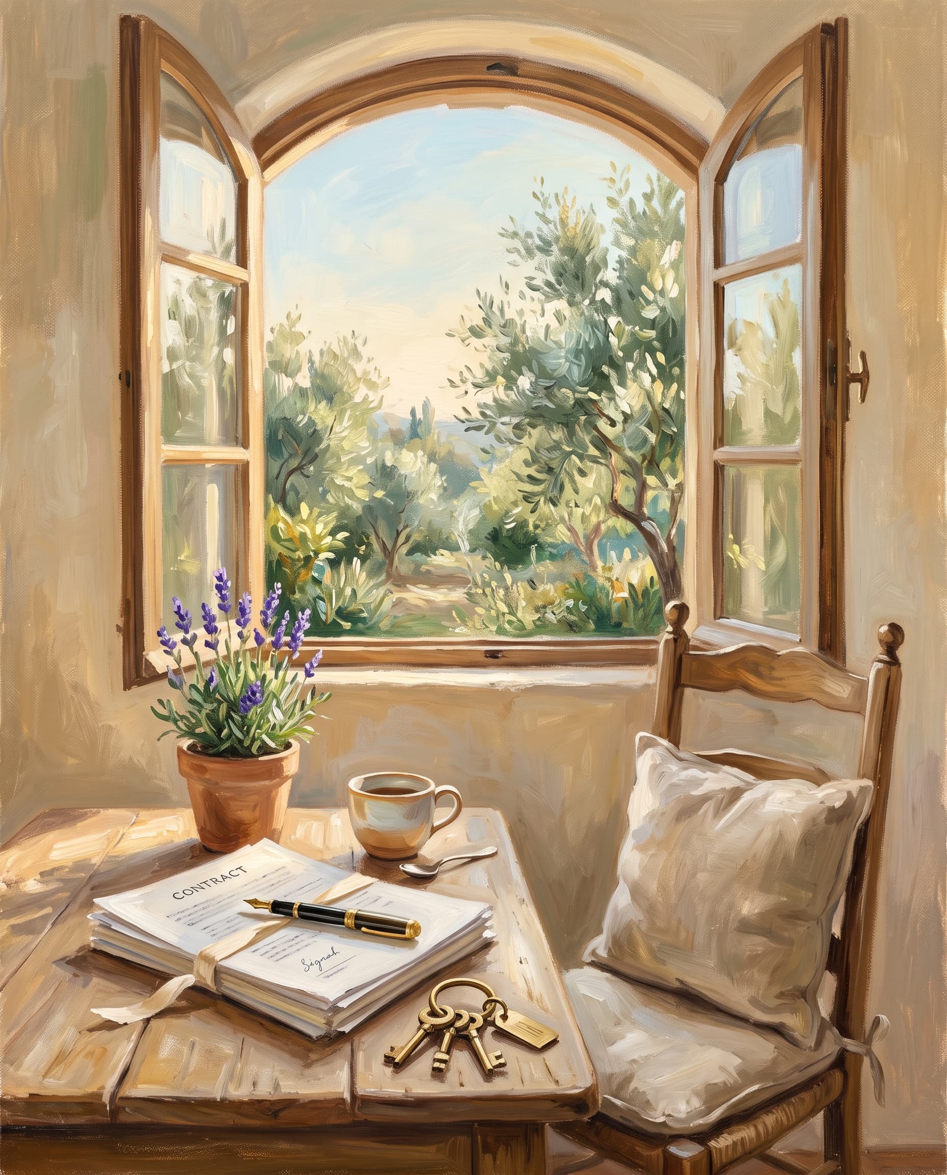 Painting of a quiet office corner at golden hour, with signed contracts, a fountain pen and a ring of house keys on a wooden table beneath an arched window onto olive trees