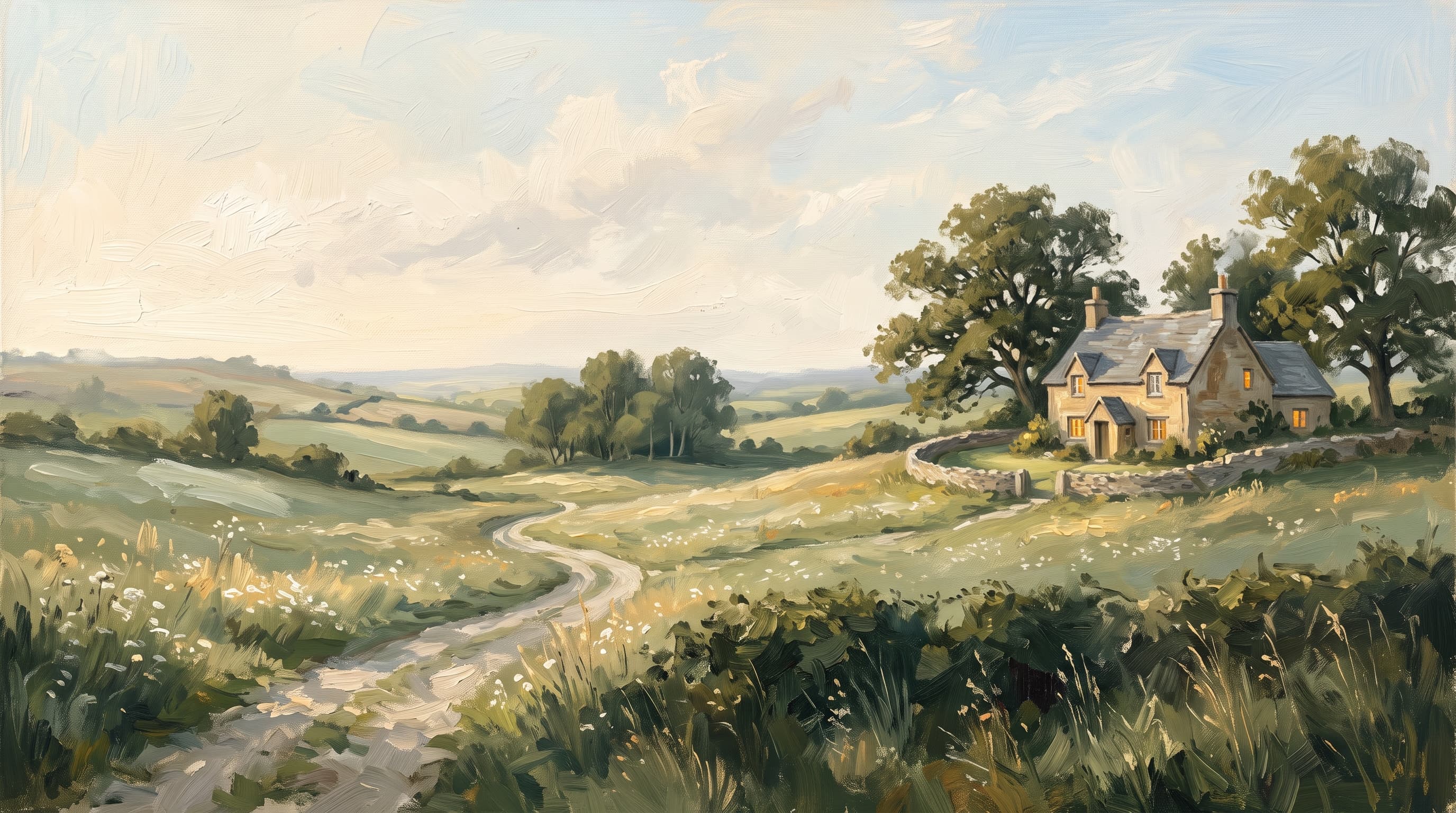 A painted stone cottage on a hill above meadows of wildflowers at golden hour